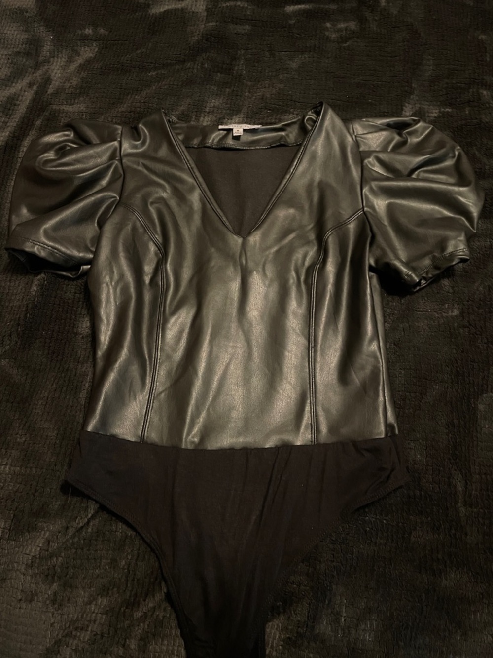 Vegan Leather Puff Sleeve Bodysuit - Black